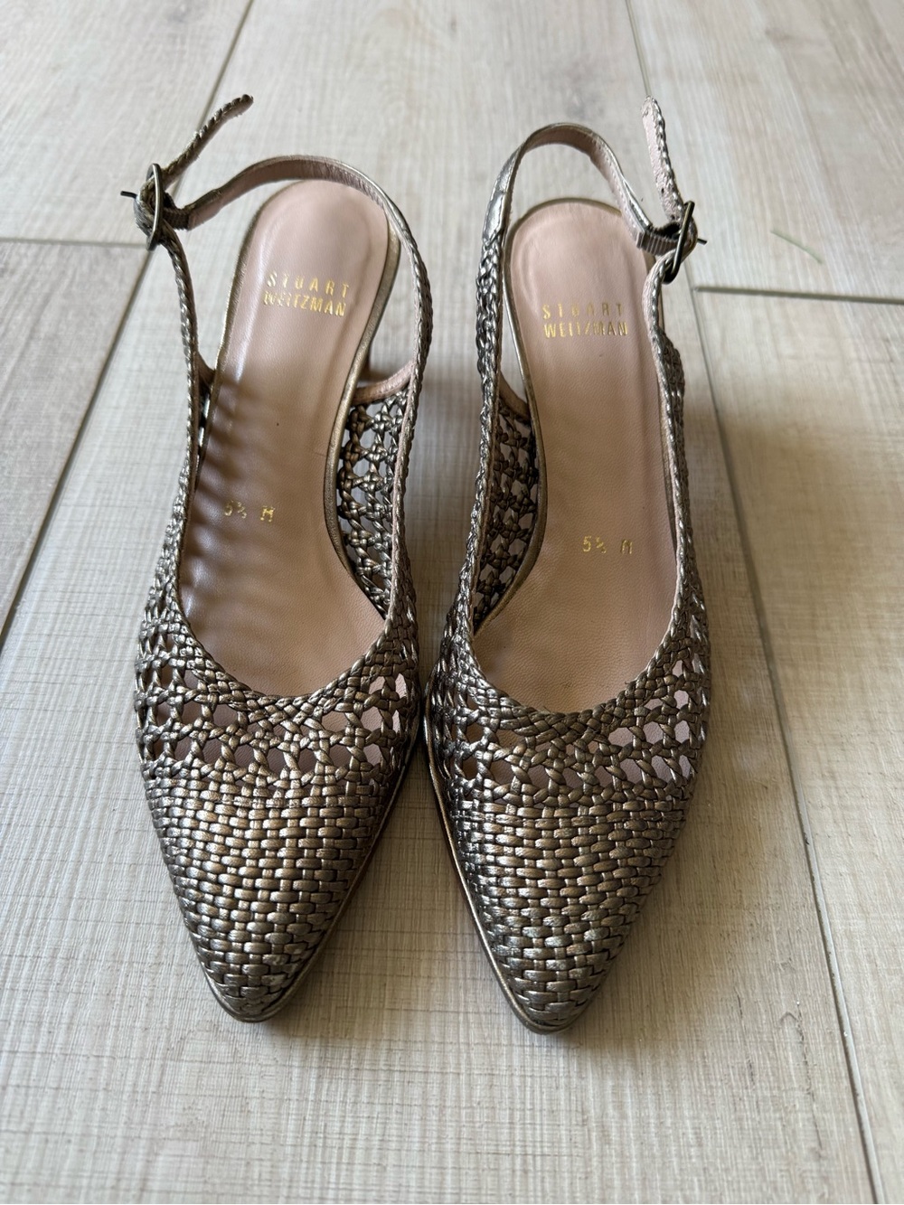 Stuart Weitzman Metallic Bronze Woven Slingback Heels
